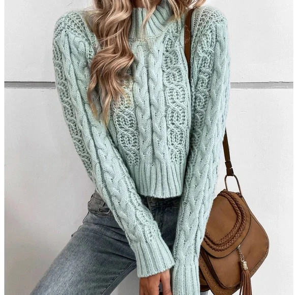 Cozy Mint Mock Neck Chunky Cable Knit Cropped Sweater Top - Picture 4 of 8